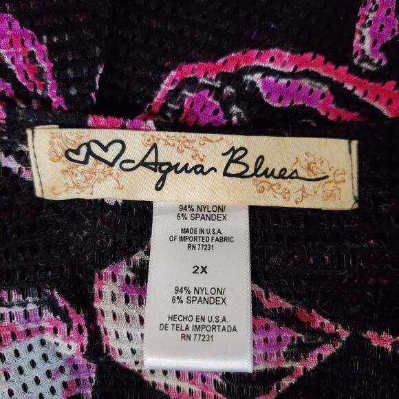 Aqua Blues Floral Sheer Mesh Open Asymmetrical Cardigan Topper Size 2X Beach - Picture 6 of 9